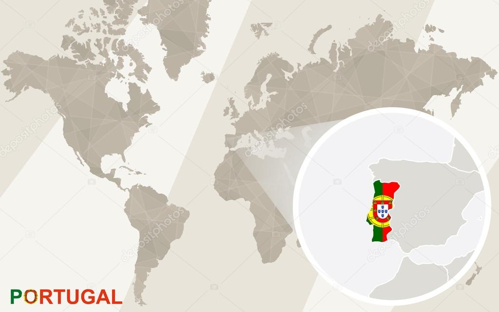 Zoom no Mapa e Bandeira de Portugal. Mapa do Mundo . imagem